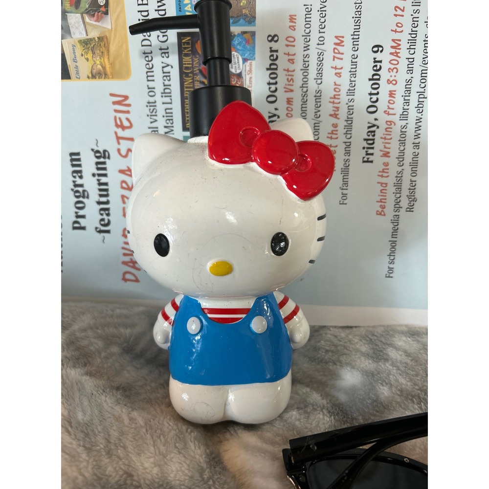Hello Kitty Ceramic Soap Lotion Dispenser Sanrio Blue Overalls Red Bow Kawaii